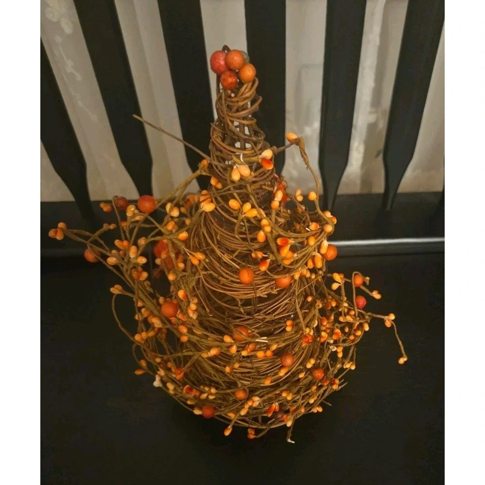 Autumn Rattan Tabletop/Shelf Rustic Tree  w Pumpkins & Berry Garland Fall Decor